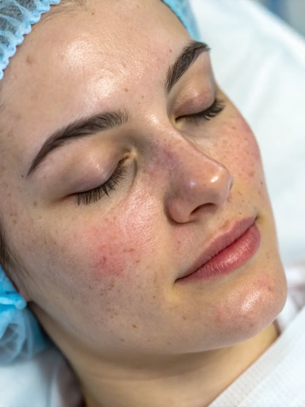 A close-up of a patient’s face during a chemical peel procedure, showing clear skin post-treatment.