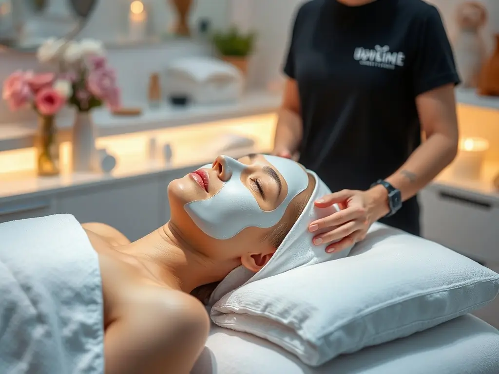 A serene image of a client receiving a facial treatment in a modern clinic setting, highlighting the relaxing and rejuvenating experience.